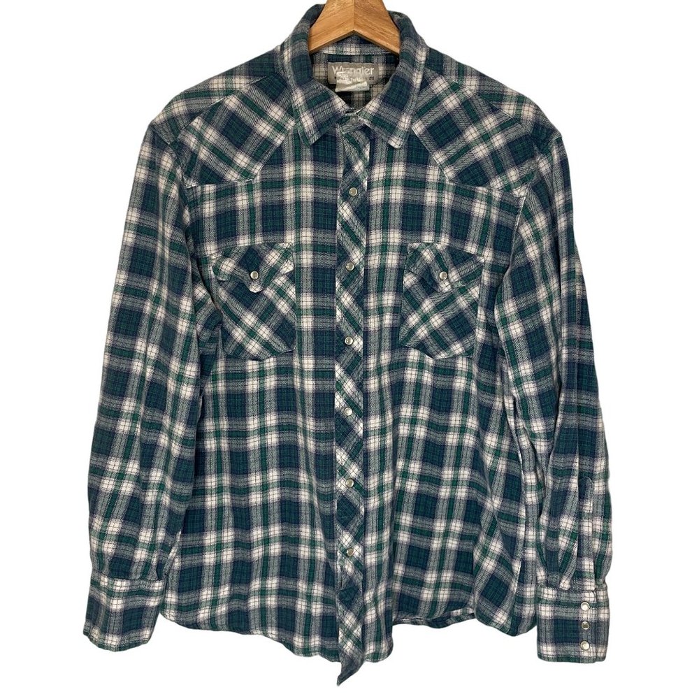 Vintage Wrangler Plaid Flannel Pearl Snap Western Work Shirt Women XL Blue Green